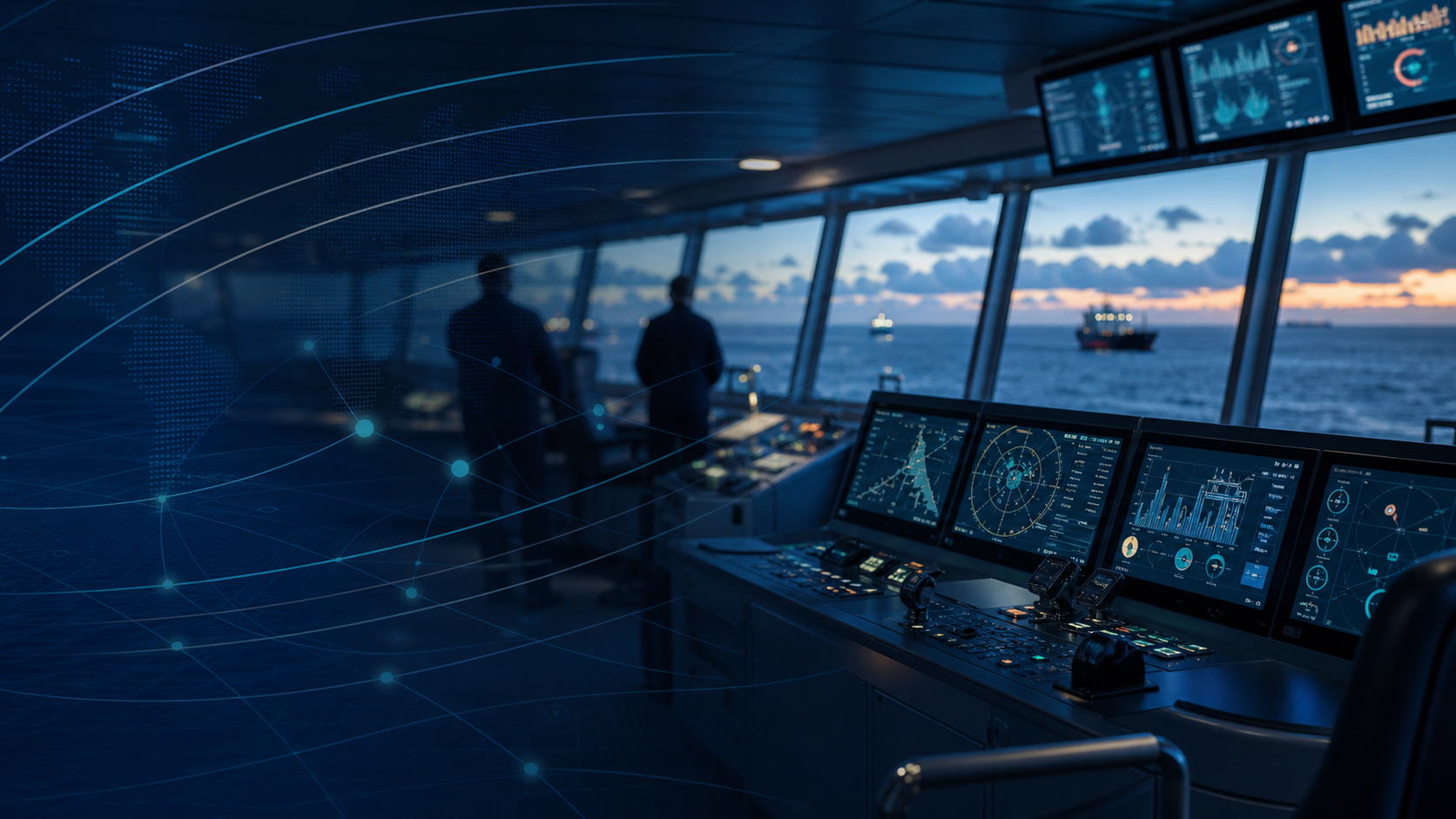 Ship bridge operations center with fleet intelligence displays